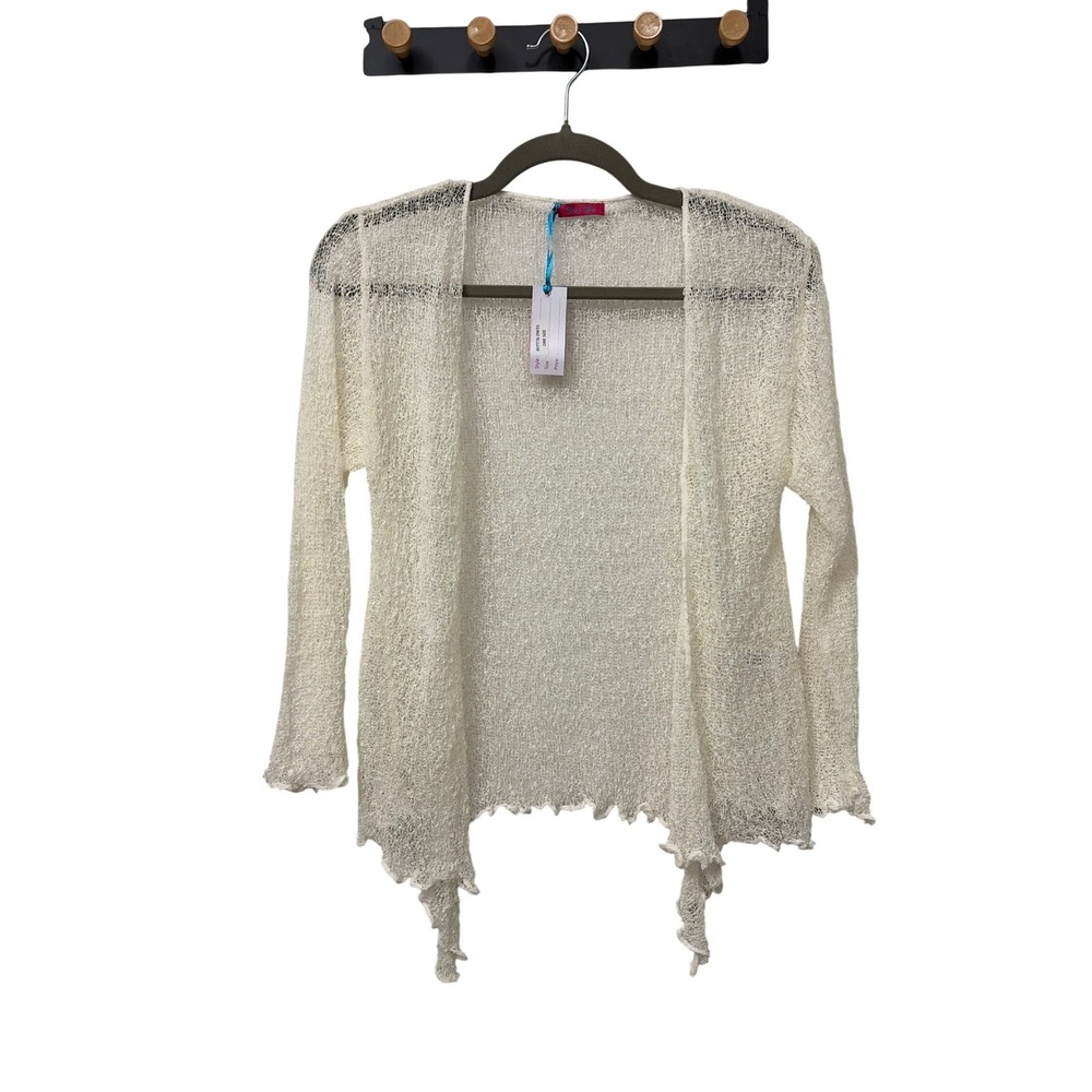 Shu-Shi Cream Open Knit Cardigan Sheer Y2K Lettuce Edge One Size XS-XL